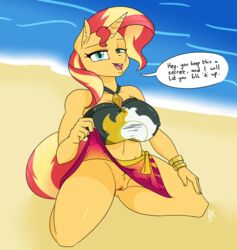 anthro anthrofied appelknekten beach bracelet breasts dialogue english_text equestria_girls equine female flashing friendship_is_magic furry hand_on_thigh horn jewelry kneeling large_breasts looking_at_viewer mammal multicolored_hair my_little_pony navel nipple_bulge open_mouth outdoors pendant pussy seaside solo sunset_shimmer text thick_thighs unicorn