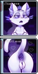 absurd_res anal_fluids anal_juice_drip anal_juice_string anonymous_artist anus anus_focus artificial_intelligence ass big_anus bodily_fluids butt_focus cat_(cobalt_core) digital_creature domestic_cat felid feline felis female feral gaping gaping_anus genitals heart_symbol hi_res looking_pleasured lube_drip lube_in_ass lube_on_butt mammal paws presenting presenting_anus presenting_hindquarters purple_anus purple_eyes purple_vulva saliva saliva_string solo vulva white_body