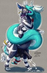 absurd_res accessory anal anal_sex balls blue_body blue_eyes bodily_fluids cheek_markings countershading cum dragonair dreadlocks drooling facial_markings fan_character feathered_wings feathers feral feral_on_feral feral_pred feral_prey gem generation_1_pokemon generation_5_pokemon genital_fluids genitals grey_body gwini_(gyro) gyrotech hair_accessory hair_tie head_markings hi_res hooves horn imminent_vore male male_pred male_prey mane markings nintendo penetration penis pokemon pokemon_(species) red_markings reubarbpie ruzestrika saliva same_size_vore serpentine stripes unicorn_horn vore white_body wings yellow_eyes zebstrika