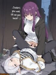1girls 2025 2girls ai_assisted ai_generated alleyway anime anime_girl anime_style artist_name bangs breasts clothed_sex earrings english_text fern_(sousou_no_frieren) frieren frieren_beyond_journey's_end futa_with_female futanari green_eyes grey_hair hi_res high_quality high_res high_resolution highres holding_another's_wrist jewelry long_hair lying multiple_girls on_back pantyhose patreon patreon_username penis pointy_ears purple_eyes purple_hair pussy rinkoai sex sousou_no_frieren torn_clothes trap twintails uncensored vaginal_penetration watermark white_hair