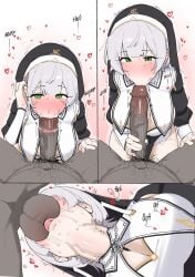 1boy 1girls 3koma :>= all_the_way_to_the_base balls big_penis blowjob blowjob_face blush clothed dark-skinned_male dark_skin deepthroat fellatio female female_focus fried_bocky gray_hair green_eyes hat heart hololive hololive_fantasy hololive_gen_3 hololive_japan huge_cock interracial kissing kissing_penis kissing_tip licking_balls licking_penis light-skinned_female light_skin male nun nun's_habit nun_hat nun_outfit penis pov shirogane_noel sweat sweatdrop sweating tagme throat_bulge veiny_penis virtual_youtuber