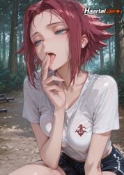 1girls ai_generated blue_eyes blush code_geass female forest haart_ai kallen_stadtfeld medium_breasts outdoors red_hair skinny slim_waist tagme