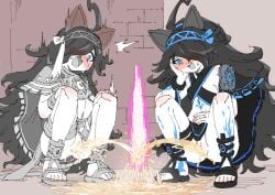 2girls absurdres bar_censor blue_eyes blush censored commentary_request hair_over_one_eye hands_on_own_knees highres kasli_(nyanko_daisensou) long_hair multiple_girls navel nose_blush nyanko_daisensou open_mouth peeing peeing_together puddle pussy rune_(dualhart) sandals squatting toes urine