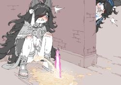 2girls absurdres bar_censor blue_eyes blush censored commentary_request hair_over_one_eye hands_on_own_knees highres kasli_(nyanko_daisensou) long_hair multiple_girls navel nose_blush nyanko_daisensou open_mouth peeing puddle pussy rune_(dualhart) sandals squatting toes urine