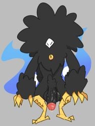 anthro asian_mythology avian avian_feet balls big_penis bird black_body black_feathers black_fur claws corvid corvus_(genus) crow east_asian_mythology eyeball feathers feet fur genitals hi_res humanoid japanese_mythology komokuu male monochrome mythology oscine passerine penis poundfulpanda pubes small_head solo talons toes vein yokai