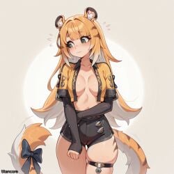 (titancore) ai_generated ashamed breasts cameltoe female green_eyes ju_fufu looking_away monster_girl no_bra no_shirt pussy see-through_clothing small_breasts tiger_ears tiger_girl tiger_stripes tiger_tail video_game_character zenless_zone_zero