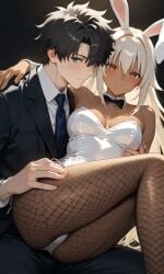 ai_generated bunnysuit dark-skinned_female fate/grand_order fate_(series) fishnets fujimaru_ritsuka_(male) indian indian_female interracial japanese_male lakshmibai_(fate/grand_order) sitting_on_lap tagme white_hair white_outfit
