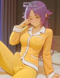 1futa 2025 ai_generated arm_support artist_name bleach bulge cock curtains dick erection futanari hi_res high_quality high_resolution highres long_hair male_focus novalust one_eye_closed pajamas patreon patreon_username penis purple_hair shihouin_yoruichi sitting solo stable_diffusion testicles watermark yellow_eyes