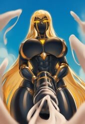 1futa ai_generated aipixelporn black_body cock_pointing_towards_viewer cum cum_on_screen cum_on_viewer cumming_on_viewer expressionless female futanari gold_hair gold_trim intersex long_hair nude oc original original_character penis penis_pointing_toward_viewer penis_towards_viewer pov presenting presenting_penis robot robot_futa robot_girl robot_humanoid submissive_pov taker_pov