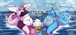 androgynous anthro belly bikini dragon dragon_horns dragon_tail hunger hunger_noises ice_cream scalie sea stomach_noises surfboard