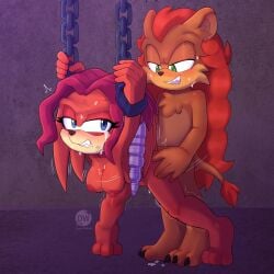 1:1 1boy 1girls absurd_res anthro anthro_on_anthro archie_comics areola arms_tied big_breasts blue_eyes bodily_fluids bound breasts chains crying doggy_style duo eyelashes fan_character female from_behind_position fur furry furry_female furry_male furry_only green_eyes hi_res humanoid klaue_the_lion leaking_pussy_juice lien-da lucidlemon_(artist) male male/female mature_female nipples rape red_body red_fur sega sex sonic_(series) sonic_the_hedgehog_(archie) sonic_the_hedgehog_(comics) sonic_the_hedgehog_(series) sweat tears