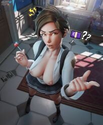 1girls 3d breasts breasts breasts_out female female_only hasfeldt light-skinned_female light_skin looking_at_viewer overwatch solo solo_female tits_out tracer unbuttoned unbuttoned_shirt