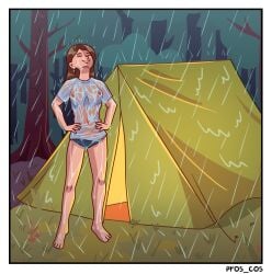 barefoot brown_hair female rain see-through shirt shorts solo standing underwear wet wet_clothes wet_shirt