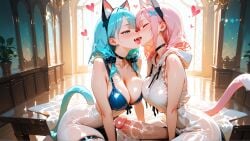 2 2girls ai_art ai_generated animal_ears blue_hair breasts cat_ears cat_girl cat_tail catgirl closed_eyes dickgirl female french_kissing futanari hearts_around_head intersex kissing koneko konekofuta large_breasts large_penis penis pink_hair see-through_clothing stud_earrings two_tone_hair two_tone_hair_(blueandpink)