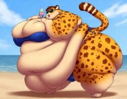 ai_generated anthro beach belly_folds bikini cameltoe cheetah fat fat_ass female huge_breasts ice_cream morbidly_obese obese short_hair sunglasses thick_thighs