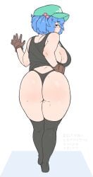 absurdres against_wall ass black_eyes black_panties black_tank_top black_thighhighs blue_hair blush breasts brown_gloves female flat_cap from_behind full_body gamukami gloves green_hat hair_bobbles hair_ornament hand_on_own_hip hat highres kawashiro_nitori large_breasts looking_at_viewer looking_back mole mole_on_thigh no_pants no_shoes panties shiny_skin short_hair sideboob solo standing sweat tank_top thick_thighs thighhighs thighs thong touhou translation_request two_side_up underwear white_background