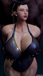 1boy 1girls 3d asian asian_female breasts capcom chun-li dark-skinned_male dark_hair earrings female groping groping_breasts hair_ribbon holding_breast huge_breasts interracial large_breasts light-skinned_female male muscular muscular_female red_lipstick see-through see-through_clothing simple_background skimpy_clothes street_fighter street_fighter_6 swimsuit swimwear taikakettu thick_thighs twitter_link unseen_male_face voluptuous voluptuous_female wide_hips