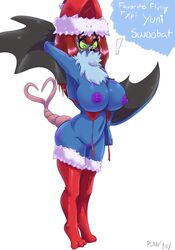 ! 1girls 3_toes anthro anthrofied areolae armpits arms_up bat belly big_ass big_breasts blue_fur blue_skin blush bottomless bra breasts breasts_out chest_tuft christmas christmas_hat clothing erect_nipples eyelashes feet female female_only fur glowing_eyes green_eyes green_sclera hair hand_behind_head hat heart hi_res holidays huge_breasts legwear long_hair looking_down mammal membranous_wings multi_tail nintendo nipples original_character plankboy pokémon_(species) pokemon pokemon_bw pokemorph pubic_hair purple_nipples purple_skin pussy red_hair santa_hat simple_background solo standing stockings surprised swoobat tail text thick_thighs thighhighs thin_waist tumblr video_games watermark white_background wide_hips wings