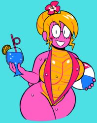 2018 amphibian animal_humanoid ball bangs beach_ball beverage bikini blonde_hair breasts cam_(artist) cleavage clothed clothing crazy_straw ear_piercing eyelashes eyewear female flower food fruit gem glasses hair_bun hair_flower hair_ornament holding_object humanoid large_breasts lizard_tail looking_at_viewer markings multicolored_scales nipple_bulge nipples non-mammal_breasts noseless open_mouth partially_visible_vulva pearl_(gem) piercing pink_scales pink_skin plant pointy_ears portrait pussy round_glasses salamander sally_(scalie_schoolie) scales scalie scalie_schoolie shiny sling_bikini smile solo spiky_hair spring_salamander sweat swimsuit thick_thighs three-quarter_portrait two_tone_scales underboob voluptuous webcomic wedgie wide_hips yellow_skin