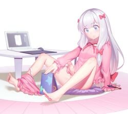 10s 1futa blue_eyes bow clothing color dickgirl eromanga_sensei exploration fiodo futa_only futanari hairbow highres intersex izumi_sagiri long_hair mirror pajamas panties panties_around_leg precum silver_hair small_penis solo spread_legs tablet uncensored underwear white_panties