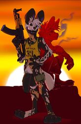 2018 african_wild_dog ak-74u ak_47 bandana canine clothing duo gideon gun male mammal mohawk penis pose ranged_weapon simple_background skull smoke smoking sunset weapon young