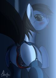 black_hair clothing equine eyewear fan_character female feral garter_straps glasses grey_eyes hair hi_res horse legwear lingerie mammal mricantdraw my_little_pony panties presenting pussy solo stockings tongue tongue_out underwear wet