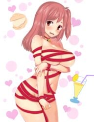 1girls bell bell_collar blush bowsey breasts christmas dead_or_alive dead_or_alive_5 dead_or_alive_5_last_round dead_or_alive_xtreme_beach_volleyball high_resolution highres honoka_(doa) looking_at_viewer navel partially_nude pink_hair red_eyes ribbon ribboned_body simple_background third-party_edit yuuki_hagure