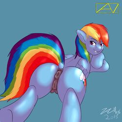 2015 anus ass blue_feathers blue_fur crotchboobs equine feathered_wings feathers female feral friendship_is_magic fur hair hi_res mammal multicolored_hair multicolored_tail my_little_pony pegasus pussy rainbow_dash_(mlp) rainbow_hair rainbow_tail smile solo wings zavits