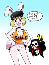 anaugi anthro big_breasts bottomless breasts brook bunny captanaugi_(artist) carrot_(one_piece) clothed clothing clueless dress female female_only flashing_pussy hat innie_pussy lagomorph mammal nosebleed one_piece pussy rabbit skeleton speech_bubble text