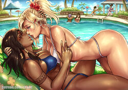 2girls big_breasts bikini blonde_hair breast_press breasts breasts_to_breasts cleavage dark-skinned_female dark_skin female female_only interracial kachima mercy overwatch pharah yuri