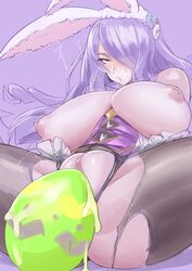 ahe_gao animal_ears ass bare_shoulders black_legwear blush breasts bunny_ears camilla_(fire_emblem) camilla_(spring)_(fire_emblem) egg female fire_emblem fire_emblem_fates fire_emblem_heroes hair_over_one_eye large_breasts leotard long_hair mikoyan nipples pantyhose purple_eyes purple_hair pussy sitting solo spread_legs sweat torn_clothes torn_pantyhose very_long_hair