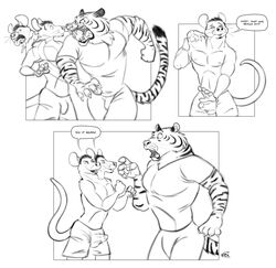 anthro bulge clothing comic decapitation feline kobi-lacroix male male_only mammal multi_head rat regeneration rodent shorts speech_bubble text tiger