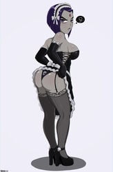 1girls alternate_breast_size annoyed ass big_breasts breasts cleavage dc dc_comics female female_only garter_belt grey_skin high_heels large_breasts looking_at_viewer looking_back maid maid_headdress maid_uniform panties purple_eyes purple_hair rachel_roth raven_(dc) shadman sideboob solo teen_titans thighhighs violet_eyes