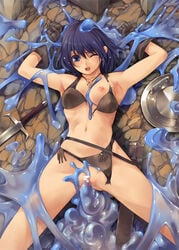 armpits arms_up bare_legs bikini bikini_armor blue_eyes blue_hair blush breasts censored female gauntlets helpless kirishima_satoshi lying medium_breasts monster navel nipples on_back on_ground one_breast_out one_eye_closed open_mouth pussy restrained sex shield slime slime_monster spread_legs sword torn_clothes torn_thong vaginal_penetration weapon wince