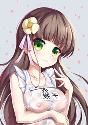 apron bangs blunt_bangs blush breasts brown_hair collarbone covered_nipples eyebrows_visible_through_hair female flower gochuumon_wa_usagi_desu_ka? gorudazo green_eyes grey_background hair_flower hair_ornament highres large_breasts long_hair looking_at_viewer maid_apron naked_apron name_tag parted_lips petals pink_ribbon pointy_chin ribbon see-through smile solo teeth ujimatsu_chiya upper_body white_apron yellow_flower