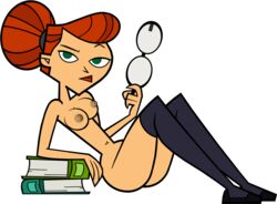 1girls accurate_art_style ass black_stockings book breasts codl female female_focus female_only glasses green_eyes hair_bun navel nipples nude pointy_chin red_hair scarlett_(tdi) solo stockings thighhighs total_drama:_pahkitew_island total_drama_island transparent_background white_background