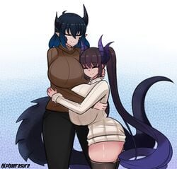 2girls alphaerasure azupazu blue_hair brown_hair closed_eyes dragon_girl female horns huge_breasts hugging large_breasts long_hair malice_(alphaerasure) obsidian_(azupazu) purple_hair short_hair shortstack sweater tagme tail thighhighs twintails two_tone_hair wholesome