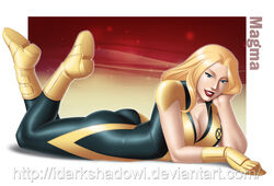 amara_aquilla ass blonde_hair bodysuit boots breasts cleavage gloves huge_breasts human large_breasts lipstick lying magma_(x-men) marvel marvel_comics smile thedarkness thick_thighs thighs voluptuous x-men yellow_boots yellow_gloves