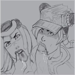 1boy 2girls annoyed caress ermes_costello fellatio greyscale hair_bun hand_on_face hat_stays_on_during_sex jojo's_bizarre_adventure jolyne_kujo jotaro_kujo jumbogumbo male_pov monochrome multiple_girls oral pov pov_eye_contact saliva saliva_trail sketch stone_ocean sucking teamwork tongue_out