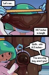 1boy 1girl dark-skinned_male doregami foreskin measurements measuring measuring_penis measuring_tape mushroom_girl mushroom_humanoid plants_vs_zombies size_comparison straight