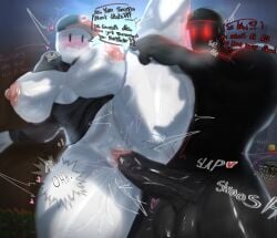 1boy 1girls 2025 abs absurd_res big_ass big_breasts big_penis black_body black_dick boombox buff cap dick_in_pussy english_text glowing_eyes guest_(roblox) guest_666 hi_res hoodie hoodie_lift leg_up_sex legs_up meme muscular_male music night nipples rayon_cute red_eyes roblox robloxian rule_63 speech standing_sex text thick_thighs thighs vaginal_penetration white_body white_skin