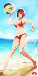 1girls anna_williams artist_watermark bandai_namco beach beach_ball bikini bob_cut cleavage female legs namco namco_bandai r3dfive short_hair solo tekken tekken_8 twitter watermark