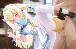 1boy absurdres animal_ears chou_(1092086648) closed_eyes cum female fox_ears highres leg_up maid male original pantyhose pussy pussy_juice sex sex_from_behind white_pantyhose