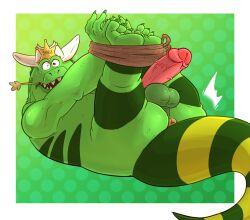4_fingers 4_toes anthro anus arms_tied aroused balls big_tail bodily_fluids body_hair bound claws clothing cowboy_hat dreamworks erection exposed feet feet_tied fingers genitals green_body green_scales green_skin hairy_balls hands_tied hat haxsmack headgear headwear hi_res hogtied iguana iguanid lasso legs_tied legs_up lizard looking_at_viewer lying male markings multicolored_body object_in_mouth on_back open_mouth oral_fixation overweight overweight_anthro overweight_male pattern_background penis presenting raised_arms red_eyes reptile rope rudy_guana scales scalie sharp_teeth sheriff sheriff_badge shocked simple_background solo striped_body striped_markings striped_tail stripes surprised surprised_expression sweat sweating_profusely tail tail_anus tail_markings teeth teeth_showing thick_tail toes turbo_(franchise) two_tone_body two_tone_tail vein veiny_penis