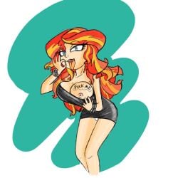 1girls big_breasts blowjob_face blowjob_gesture body_writing breasts dress equestria_girls my_little_pony nipples panties red_hair showing_breasts stammis sunset_shimmer