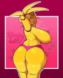 arms_up ass big_breasts child_bearing_hips chubby deep_skin doughyleo fnaf lactation looking_at_viewer side_view sideboob standing topless toy_chica_(fnaf) underwear