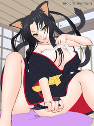 animal_ears bare_shoulders black_hair black_panties black_underwear breasts cat_tail cleavage female female hair_rings high_school_dxd ikemura_hiroichi indoors kimono kuroka_(high_school_dxd) large_breasts lipstick long_hair makeup multiple_tails naughty_face nekomata nekomimi off_shoulder open_mouth pantsu pillow purple_lipstick sitting slit_pupils smile solo tail underwear undressing wafuku yellow_eyes