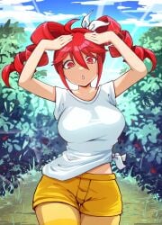 2025 :o birdbrain_(vocaloid) blairevt breasts female grass hands_on_head kasane_teto large_breasts open_mouth red_eyes red_hair safe sfw shorts sky tagme tied_shirt tight_shirt twin_drills vocaloid white_shirt