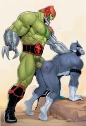2boys ai_generated anal anal_sex anthro barefoot blue_fur felid from_behind from_behind_position green_skin humanoid humanoid_on_anthro male masters_of_the_universe muscles muscular muscular_male nude panther pantherine panthro penis thundercats trap-jaw yaoi