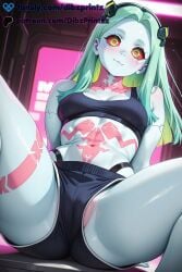 1girls ai ai_assisted ai_generated anime artificial_eye artist_name bare_shoulders black_bra black_hairband black_panties black_shorts blush bra breasts closed_mouth collarbone colored_sclera colored_skin cyberpunk:_edgerunners cyborg dibzprintz fansly green_eyes green_hair hairband hi_res high_quality high_resolution highres leg_tattoo long_hair looking_at_viewer mechanical_eye medium_breasts navel neck_tattoo oerba_yun_fang panties partially_visible_vulva patreon_username rebecca_(edgerunners) red_eyes red_pupils red_sclera shorts sitting small_breasts smile solo spread_legs stomach stomach_tattoo sweat tattoo thighs underwear watermark white_skin